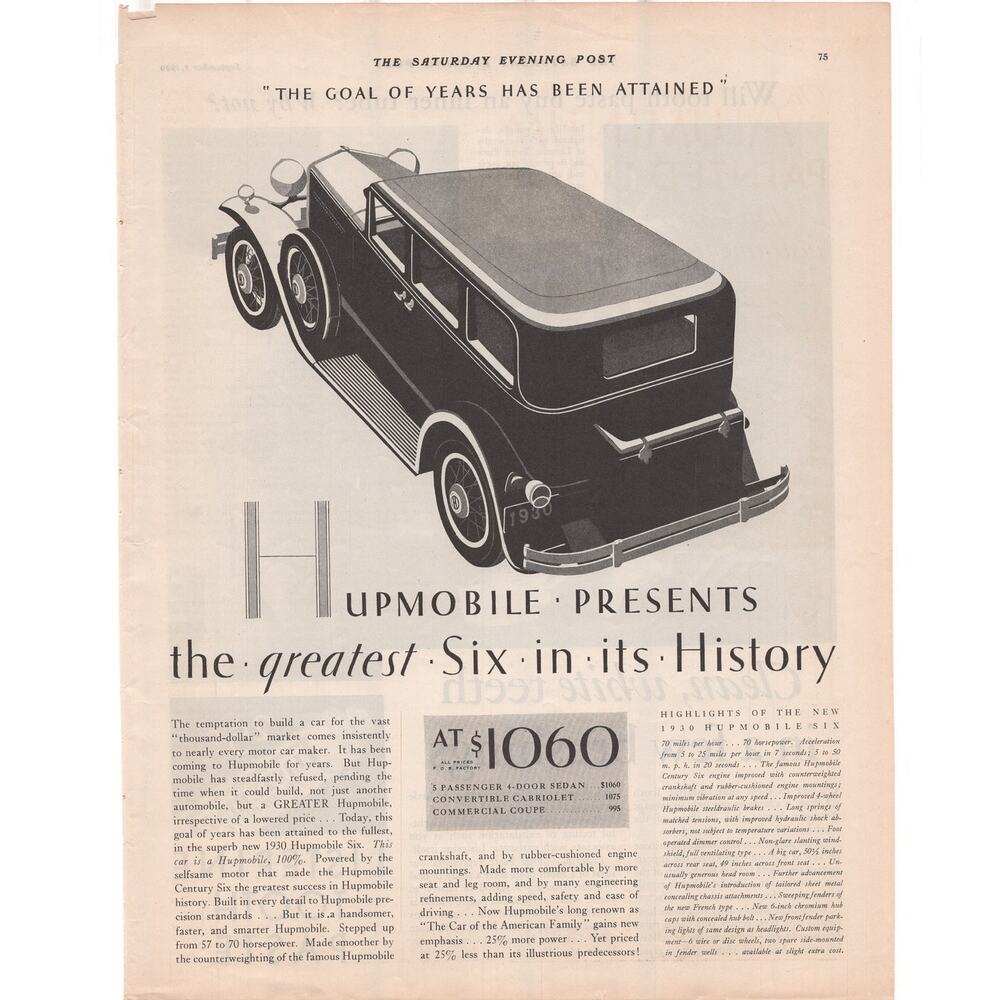 1930 Hupmobile Six Car Magazine Advertisement 1929 Vintage Automobilia American